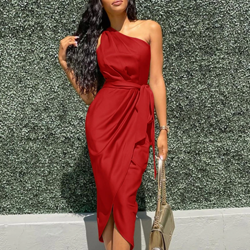 

Irregular Slanted Shoulder Slim Dress Female Solid Satin Mid-Length Dress Woman Casual Sexy Simple Slim High Waist Dresses Women
