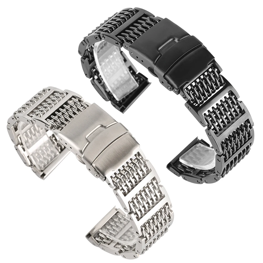 

Practical Silver/Black 20/24mm Mesh Stainless Steel WatchBand Adjustable Fold Clasp Men Watches Strap Replacement Bracelet Bands