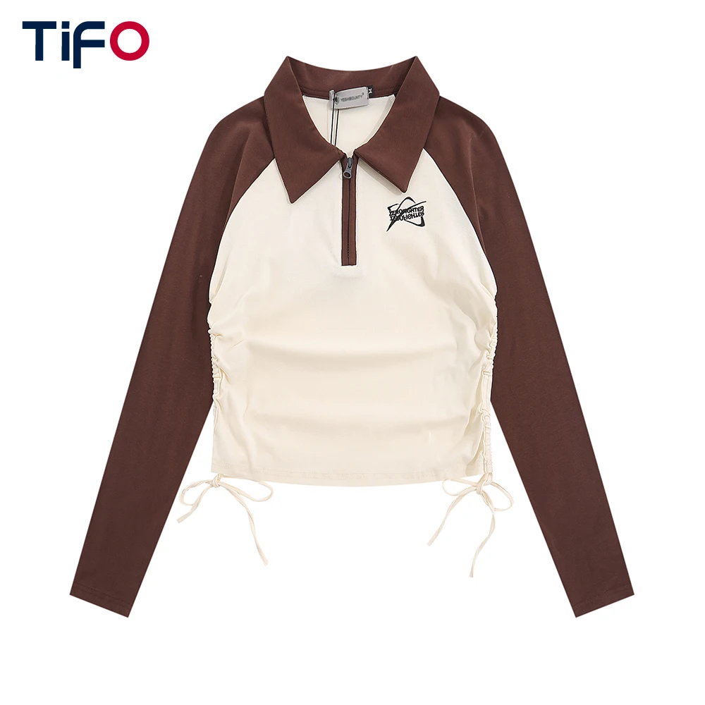 

Женская хлопковая рубашка-поло с длинным рукавом, на молнии