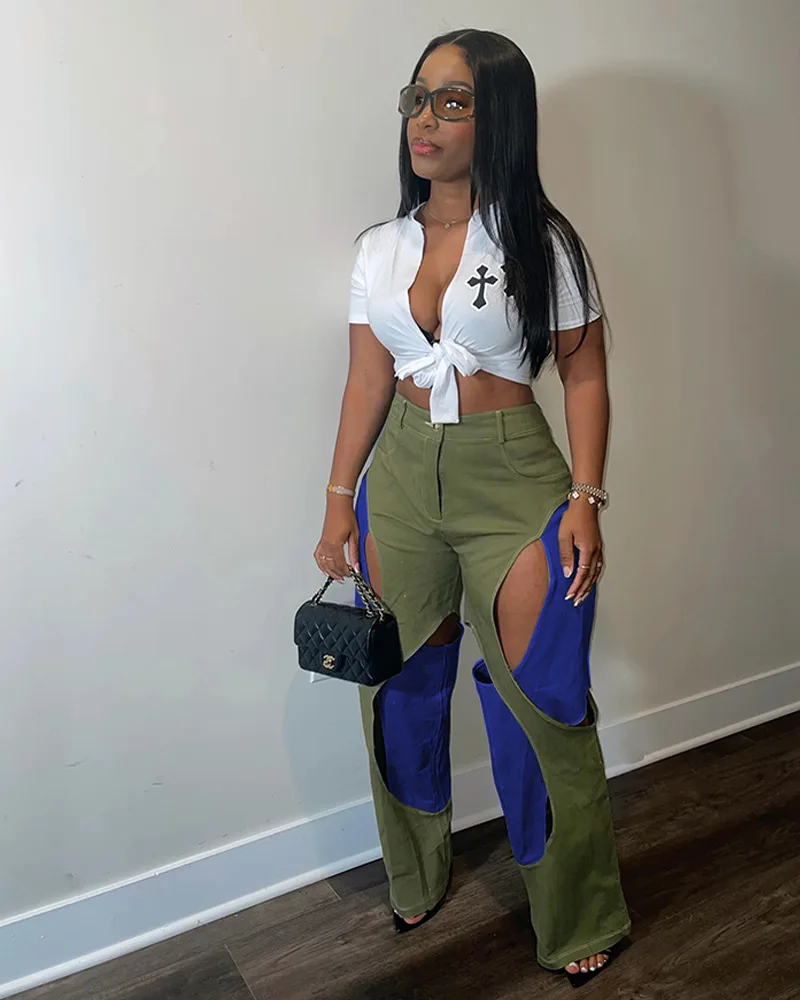 

Женские широкие брюки с вырезами в стиле пэчворк, модные повседневные однотонные прямые брюки-карго в уличном стиле на пуговицах с высокой талией