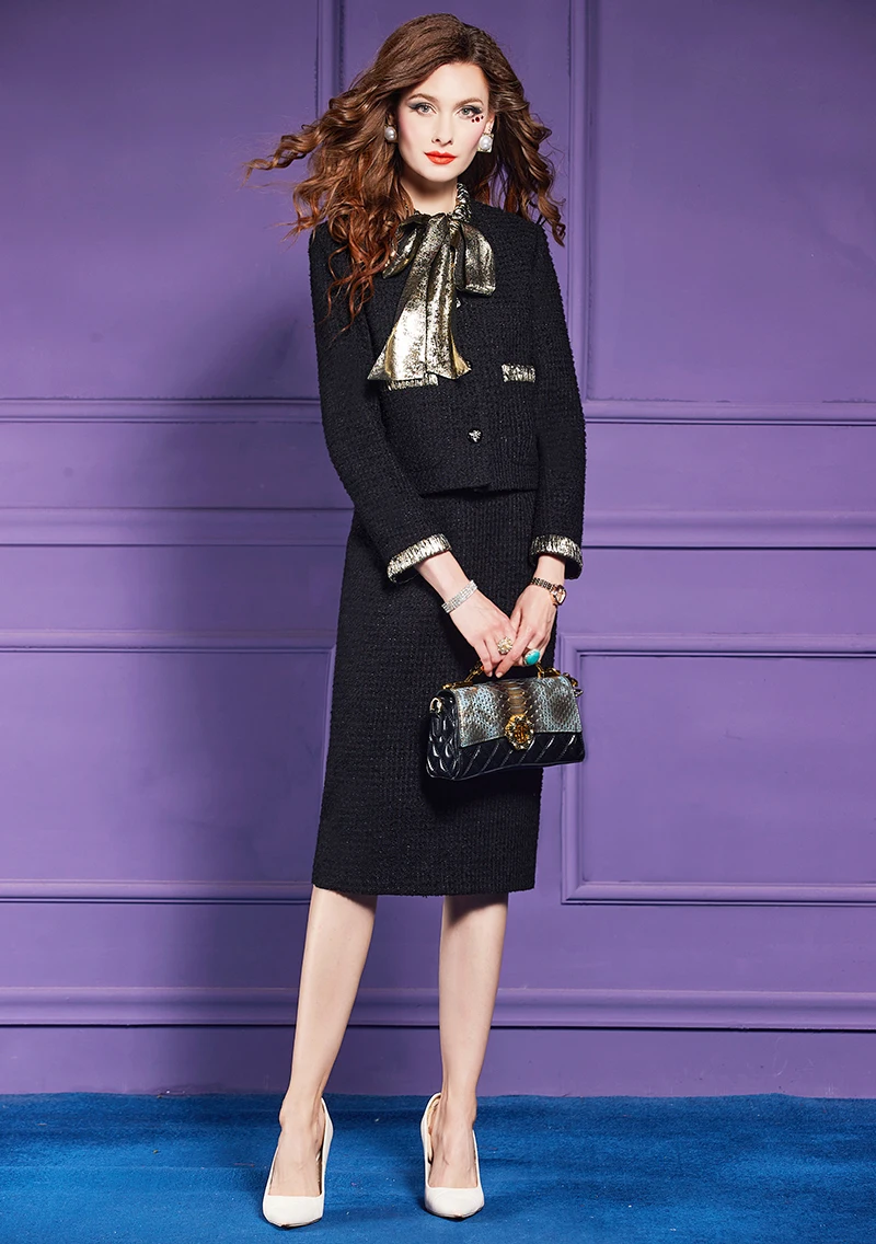 ZJYT Осень-зима Твидовая шерстяная куртка с бантом и юбка-карандаш Одинаковые