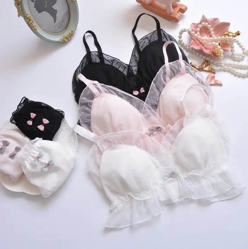 

Girls Summer Mesh Yarn No Rims Cute Sexy Lace Breathable Thin Cup Triangular Cup Bra Comfortable Students A BRA And Panty Suit