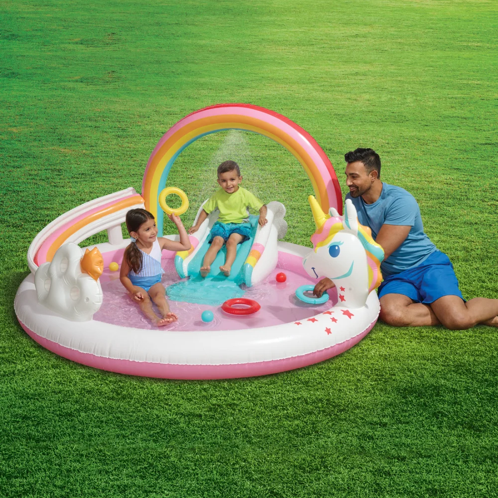 

Bluescape Rainbow Unicorn Inflatable Play Center, Kids Splash Pool with Sprinkler, Toys & Slide, Age 2 & up, Unisex