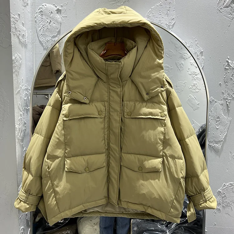 New Hooded Women's Down Jacket 2022 Korean Pure Color Multi Pocket Proof Warm Jacket Winter Long Sleeve Casual Coat F808