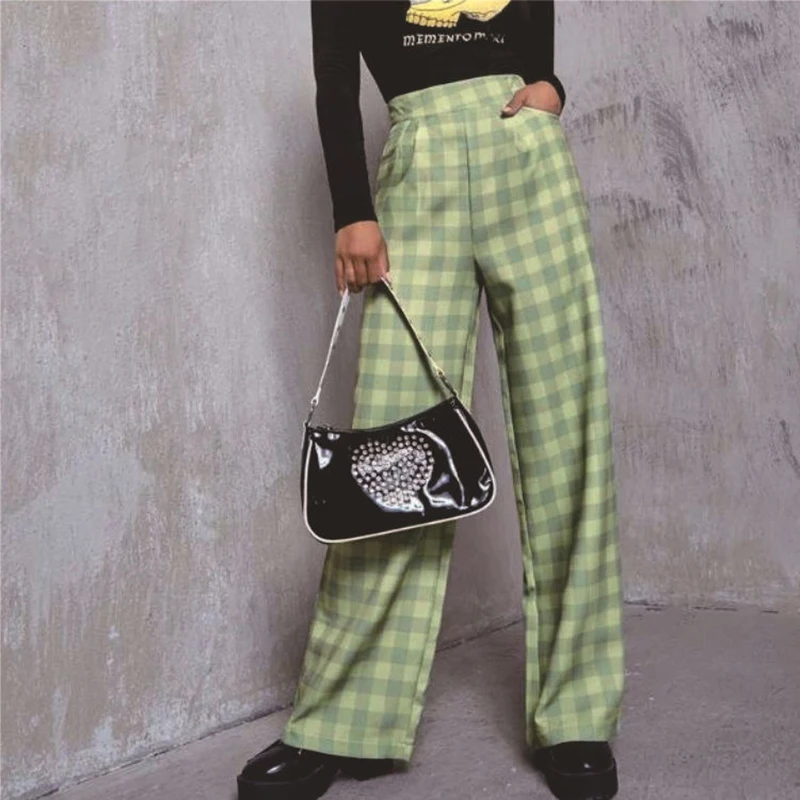

2021 Women's New Winter Slim Green Plaid Pants Female Indie All-match Wide Leg Casual Pants Solid Color Fall Clothes for Woman