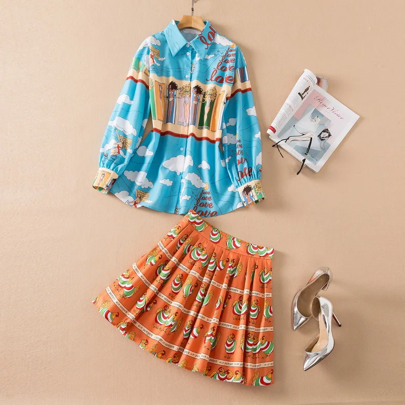 

2022 New Long Sleeve Cartoon Print Shirt Chicken Print Pleated Skirt Fashion Suits European and American Women's Wear Spring