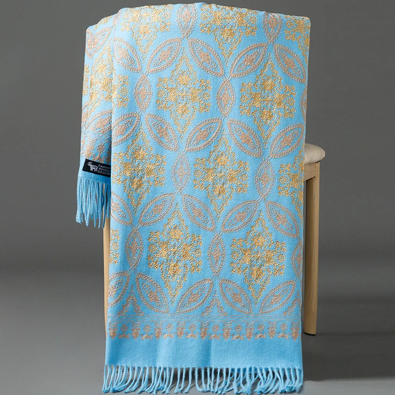 Роскошная шаль из пашмины с цветочной вышивкой зимний женский теплый