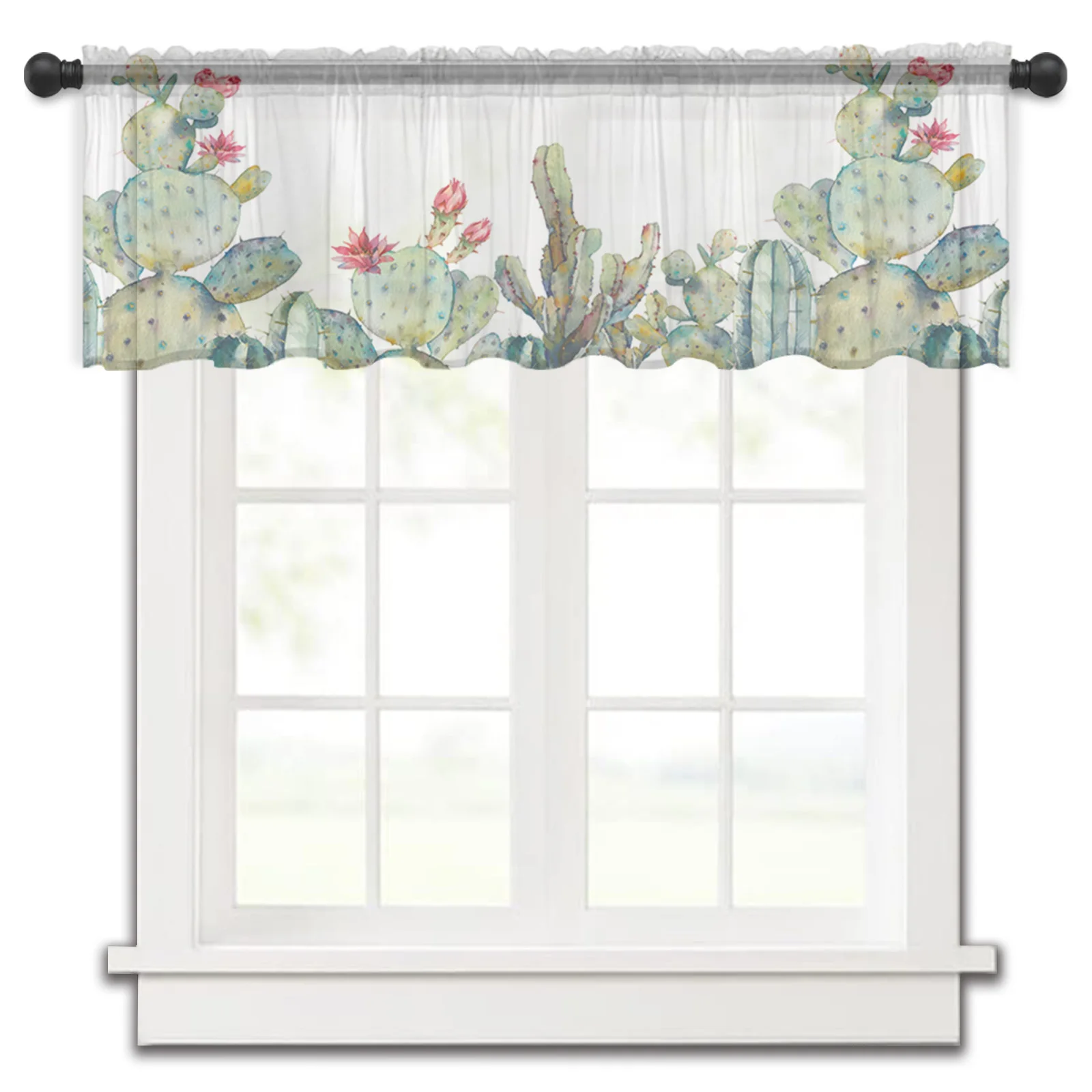 

Cactus Tropical Plant Tulle Kitchen Small Window Curtain Valance Sheer Short Curtain Bedroom Living Room Home Decor Voile Drapes