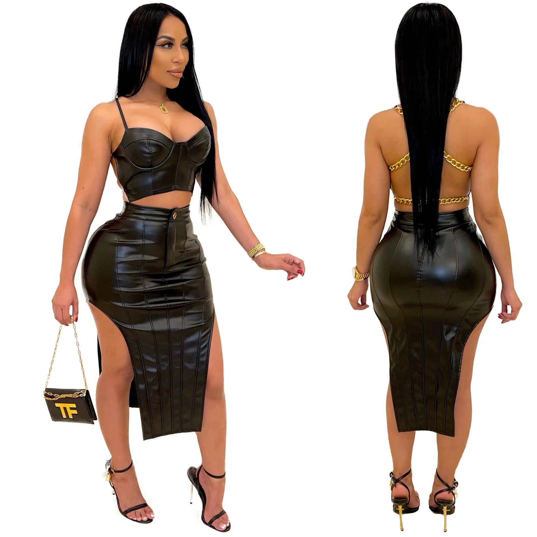 

Zoctuo Two Piece Set Skirts Women's Sets Sexy Backless Pu Leather Chain Camisole Crop Top Button Fly Midi Skirt Club Suits Split