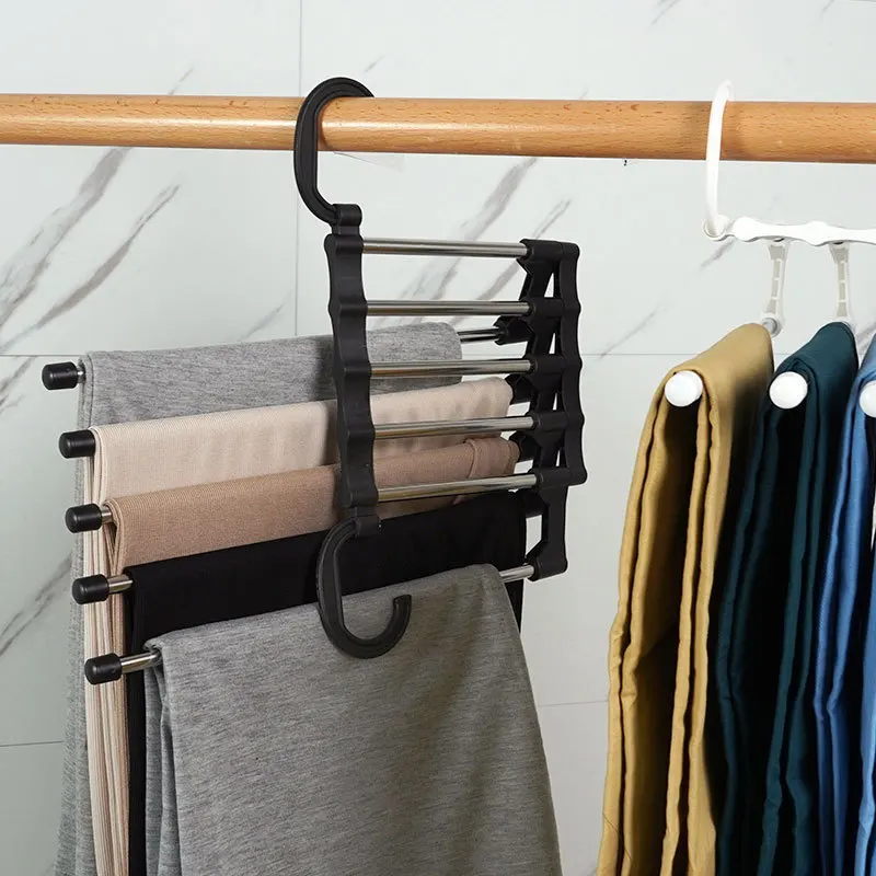 

Stainless Steel Adjustable Trouser Hangers Folding Towel Storage Shelves 5 In 1 Multifunction Tie Pant Rack Closet Organizer