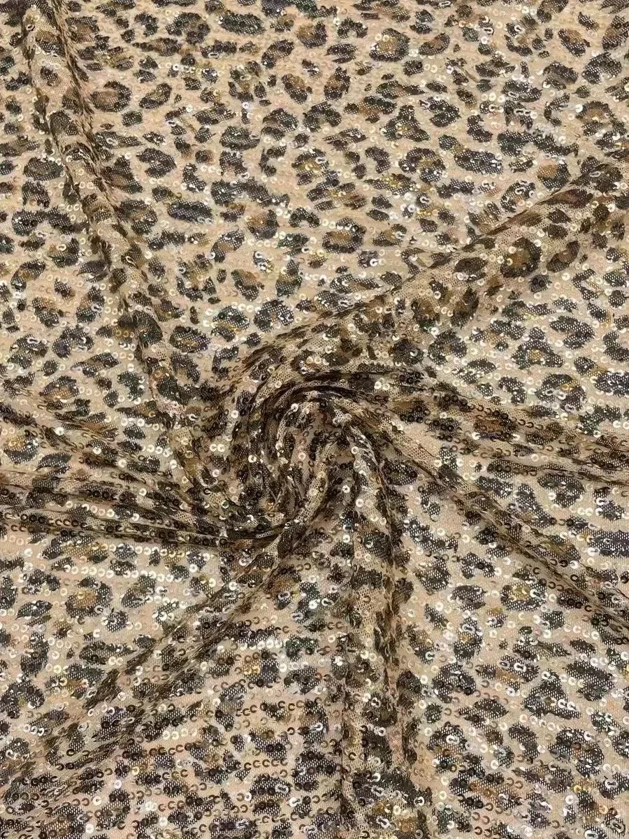 

Коричневая шифоновая ткань с блестками и леопардовым принтом для дизайна одежды, материал для шитья, свадебное платье, одежда шириной 140 см, продается измерителем