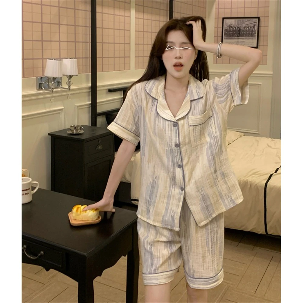 2023 Summer Women's Korean Edition Casual Simple Pajamas Can Be Outworn Cool Short Sleeve Shorts Home Suit Two Piece Set