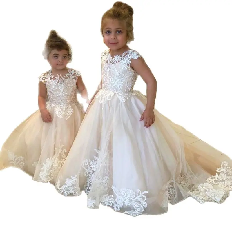 

Flower Girls Dresses Sequins Hand Made Flower Sash Tea Length Tulle Jewel Kids Formal Dress Junior Bridesmaid Dress