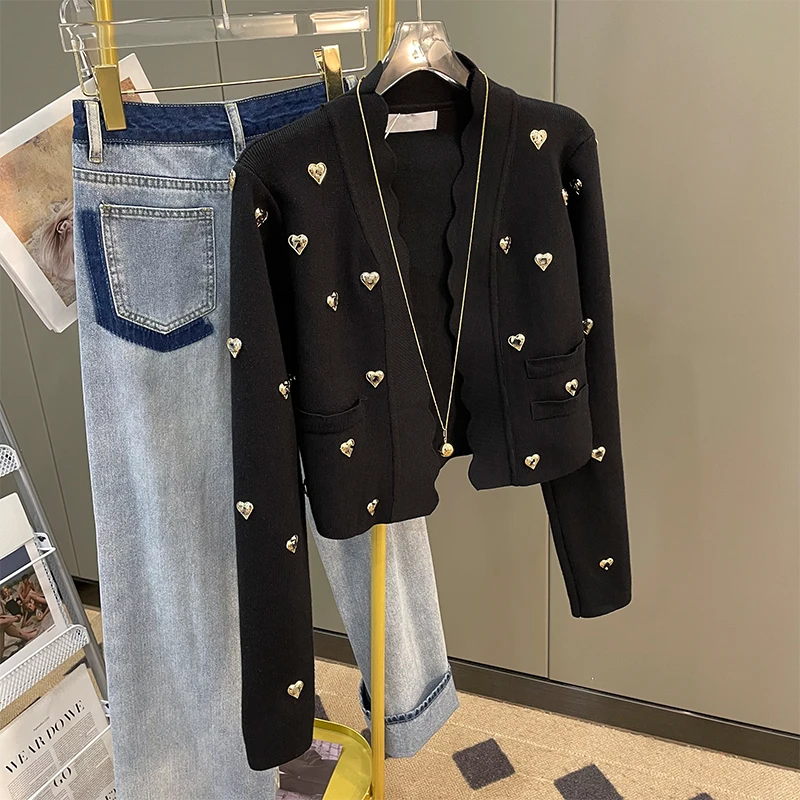 2023 New Spring Fashion Loves Beading Knitting Cardigans Coat All-match Autumn Wavy Collar Long Sleeve Black Short Knit Jacket