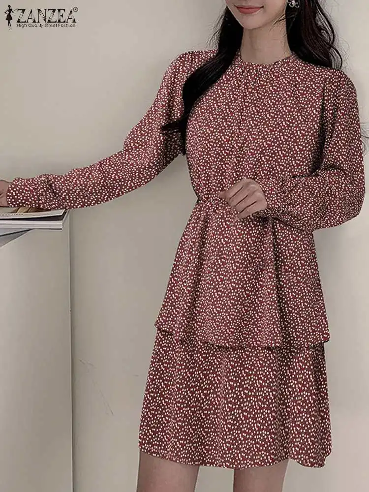 

Элегантное мини-платье ZANZEA с длинным пышным рукавом, Плиссированные Платья с цветочным принтом, летнее платье с многослойными оборками, женское модное платье с круглым вырезом