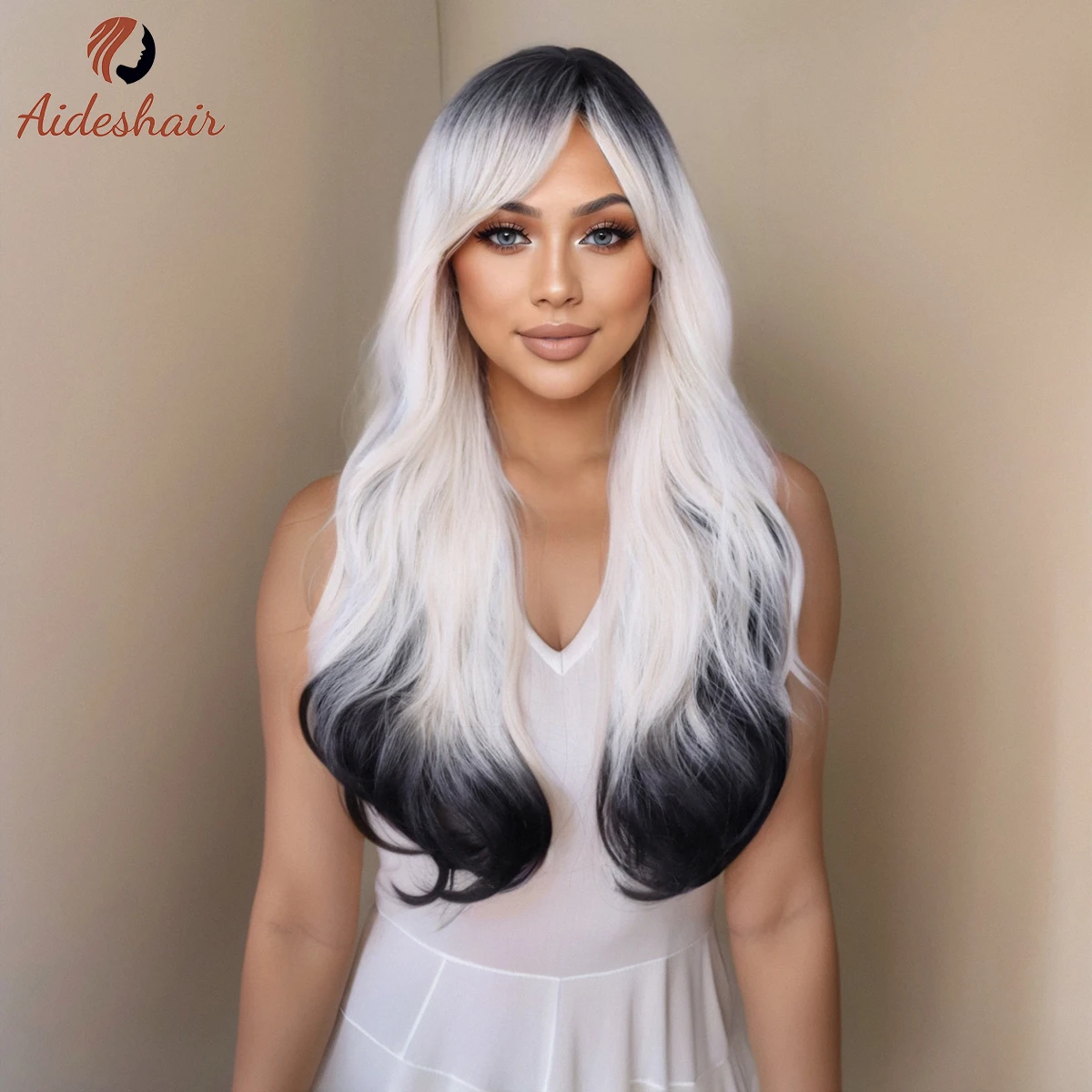 Черно-белая Челка Длинный Вьющийся Синтетический Парик Для Женщин