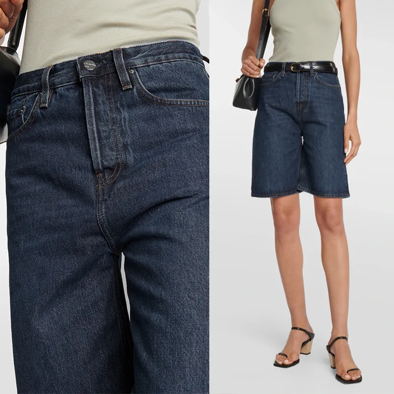 

New Cotton Denim Knee Length Pants for Women Summer Classic Straight Wide Leg Short Jeans