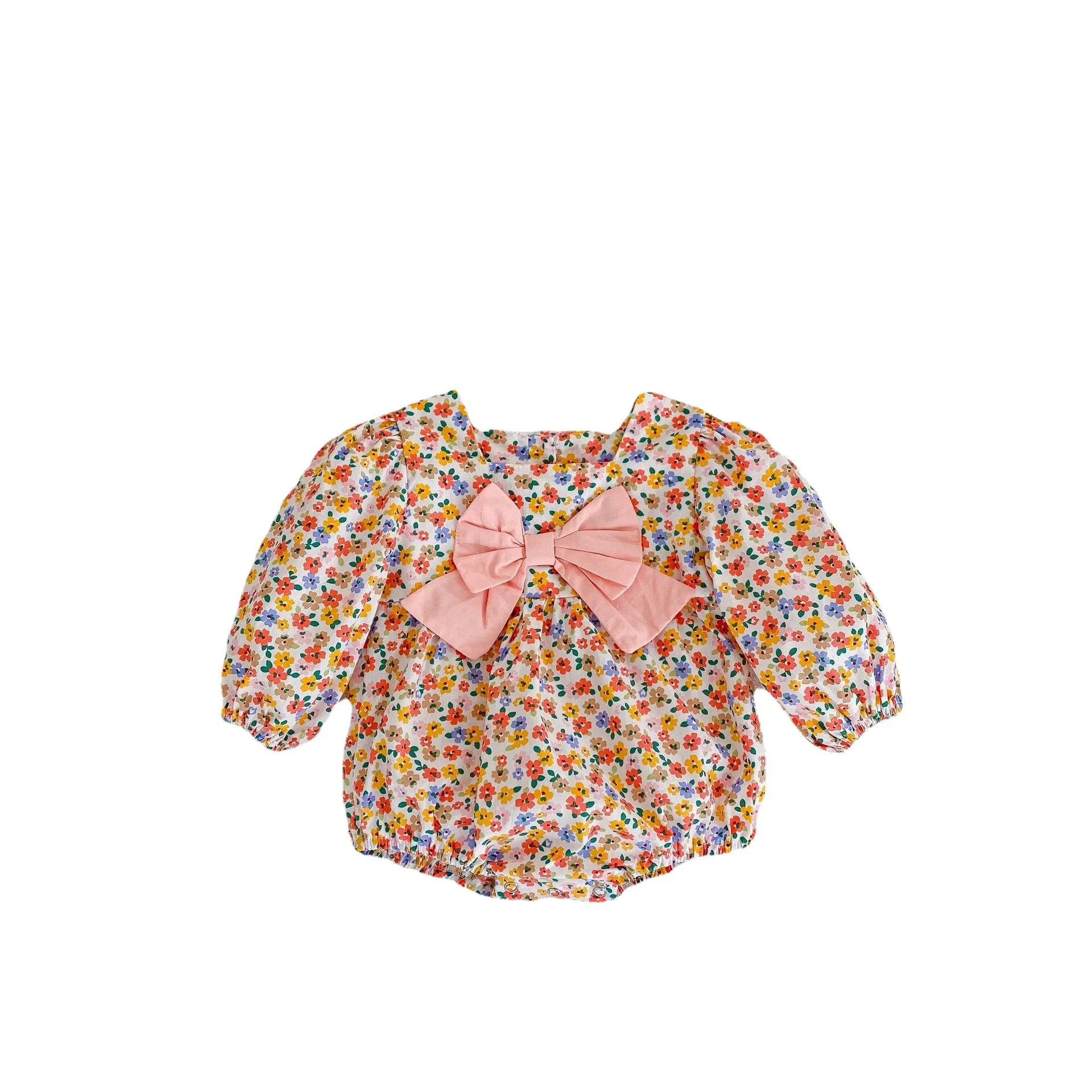 

Autumn cotton baby girl's big bow long sleeved printed Khaki embroidered Square Neck triangular creeper