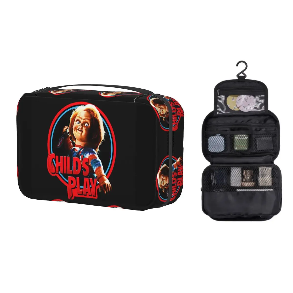 

Kawaii Child's Play Chucky Travel Toiletry Bag for Women Hanging Horror Movie Makeup Cosmetic Bag Dopp Kit