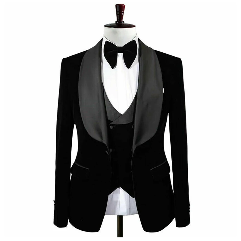 

3 Pieces Black Men Suits for Dinner Prom Dinner Groom Tuxedos Wedding Velvet Formal Blazer Male Fashion Jacket Vest with Pants
