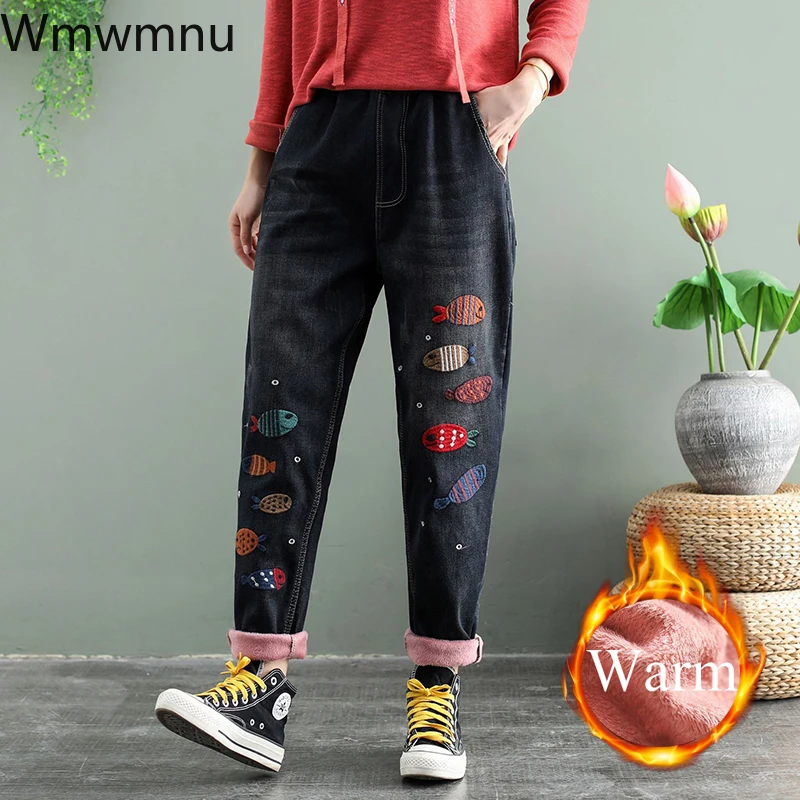 

Зимние утепленные женские повседневные джинсовые брюки-Капри с высокой талией, ковбойские брюки с подкладкой, бархатные шаровары с мультяшной вышивкой рыбы