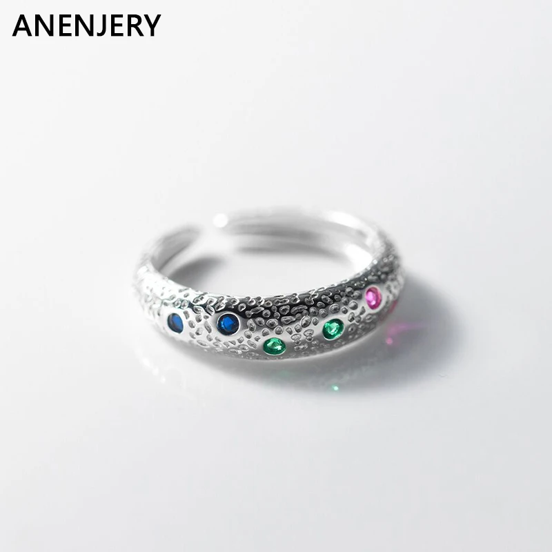 

Anenjery Thai Silver Color Concave Pattern Colored Zircon Open Rings Female Simple Vintage Hand Jewelry Accessories Anillos
