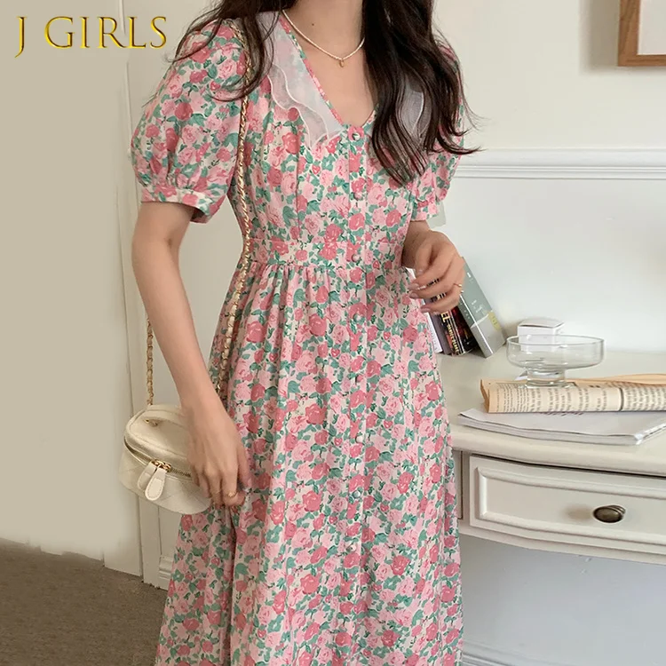 

J GIRLS Elegant Patchwork Double V Neck Dress Women High Waist Floral Printing Midi Dresses Outwear Puff Sleeve A Line Clothes