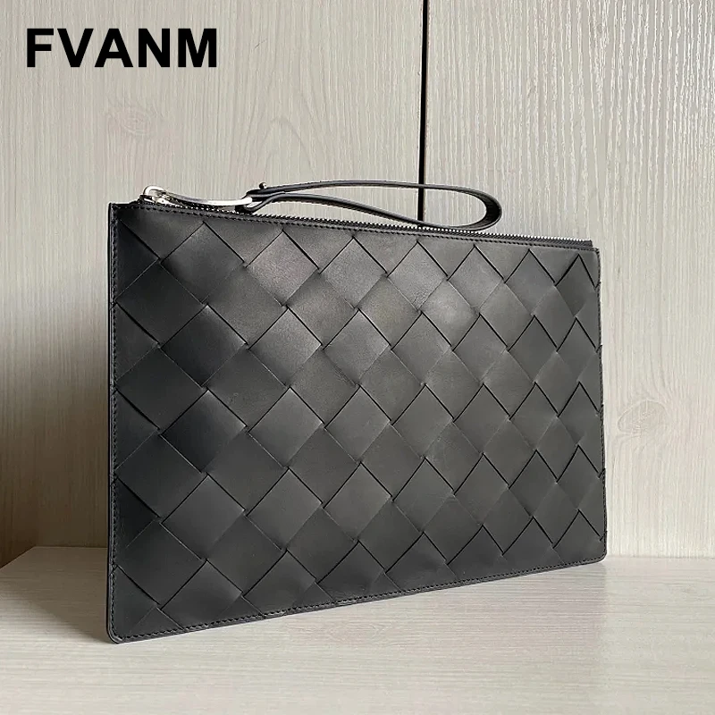 Men's Genuine Leather Large Plaid Woven Hand-Held iPad Bag Luxury Brand Design Business Fashion Minimalist Elegant Envelope Bag