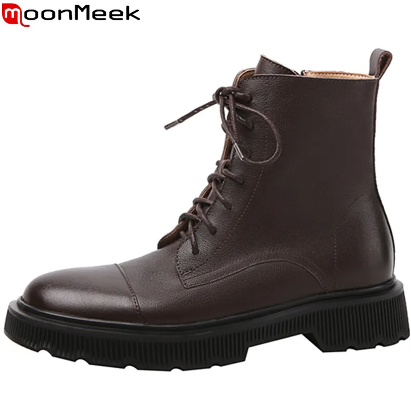 

MoonMeek 2022 New Ankle Solid Platform Boots Thick Med Dress Shoes Zipper Ladies Genuine Leather Women Winter Boots