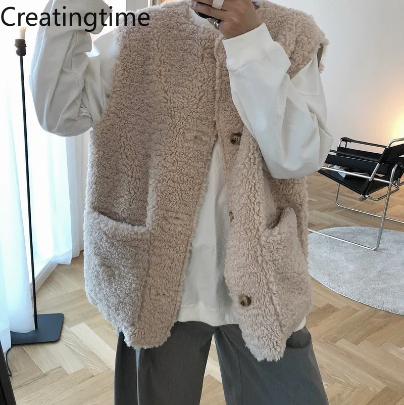 

Creatingtime 2022 Spring Autumn New Fashion Korean Tide Round Neck Single Breaste Solid Color Thicken Loose Lambswool Vist GA110