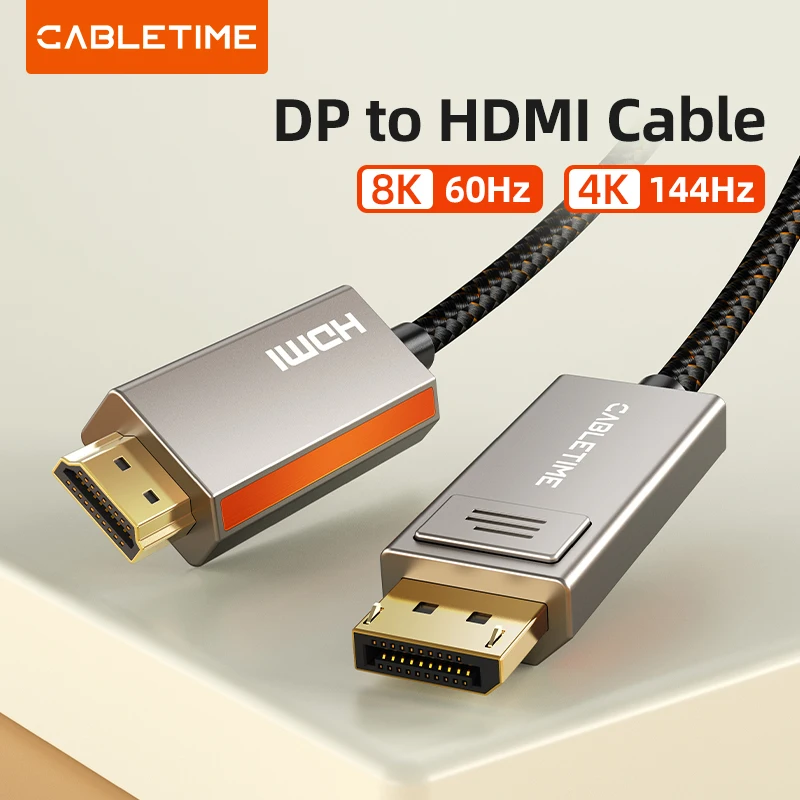 CABLETIME 8K Displayport to HDMI-compatible Cable 4K 144Hz Zinc Alloy HDR 10 for Desktop TV Monitor LG Dell Snap DP Cable C452