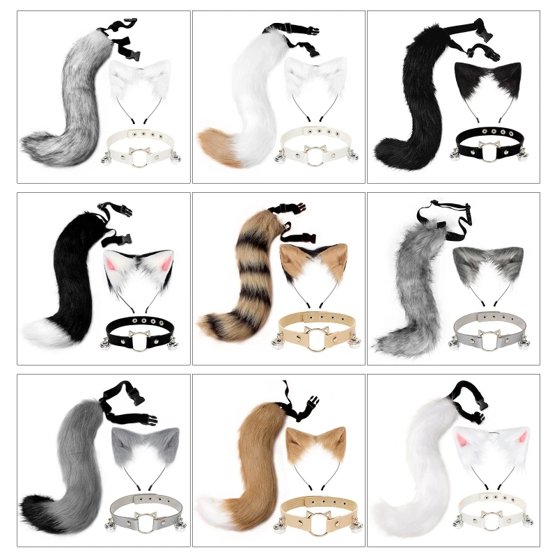 

573B Kitten Ears Furry Headwear Leather Choker Tail Animal Costume for Cosplay