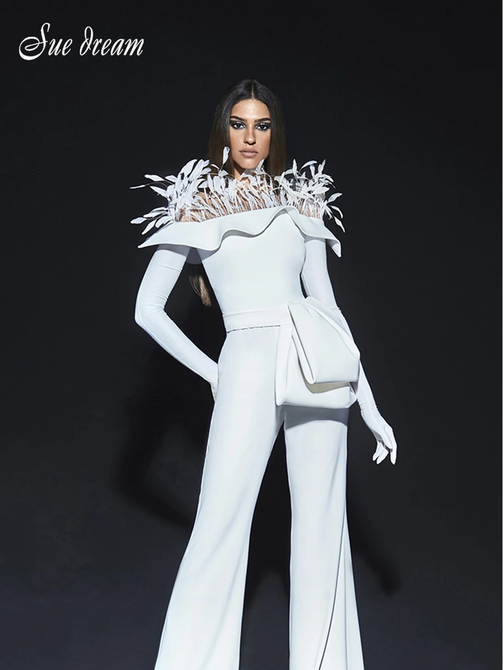 

2021 Autumn New Fashion Sexy Feather Neck Long Sleeve Jumpsuit Ruffled Shoulder Temperament Sexy Party Flare Pants Jumpsuit