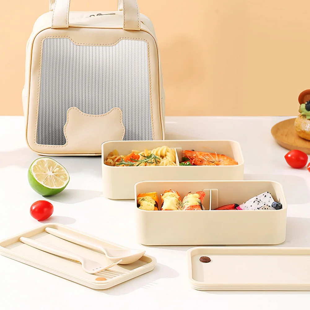 Color Matching Squared Plastic Lunch Box With Bag Portable Large Capacity Lunch Box For Student Dormitory