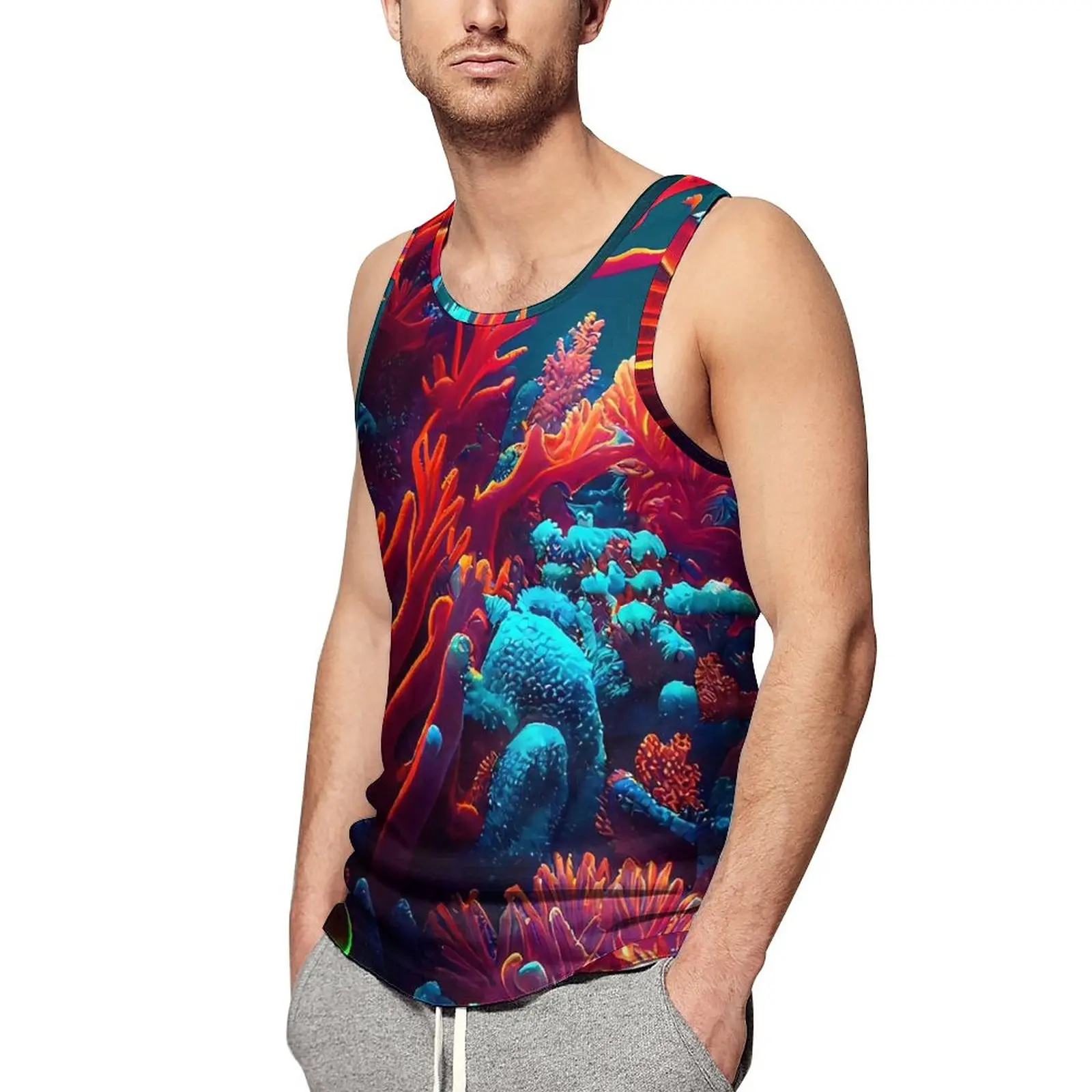 

Майка мужская с тропическим принтом, спортивная одежда с ярким коралловым принтом, рубашка без рукавов с графическим рисунком, летний топ для бодибилдинга, размеры 4XL, 5XL