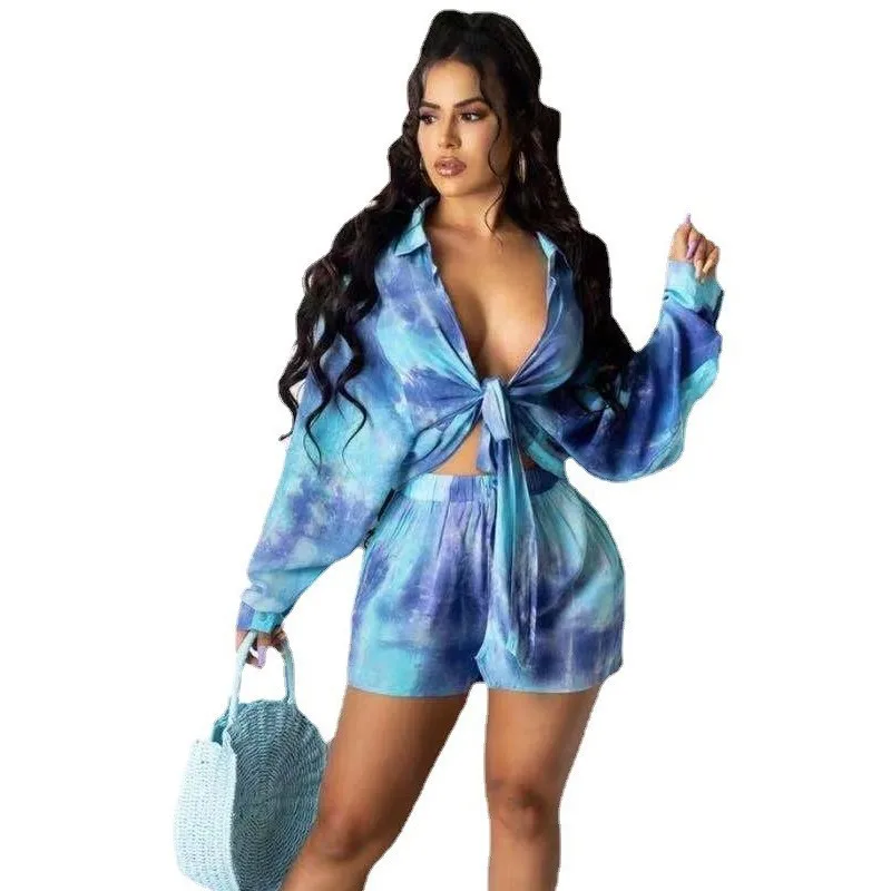 

Two Piece Set Women's Summer New Fashion Tie Dye Blue Lace Up Long Sleeve Shirt Blouse Elastic Waist Shorts Matching Outfits