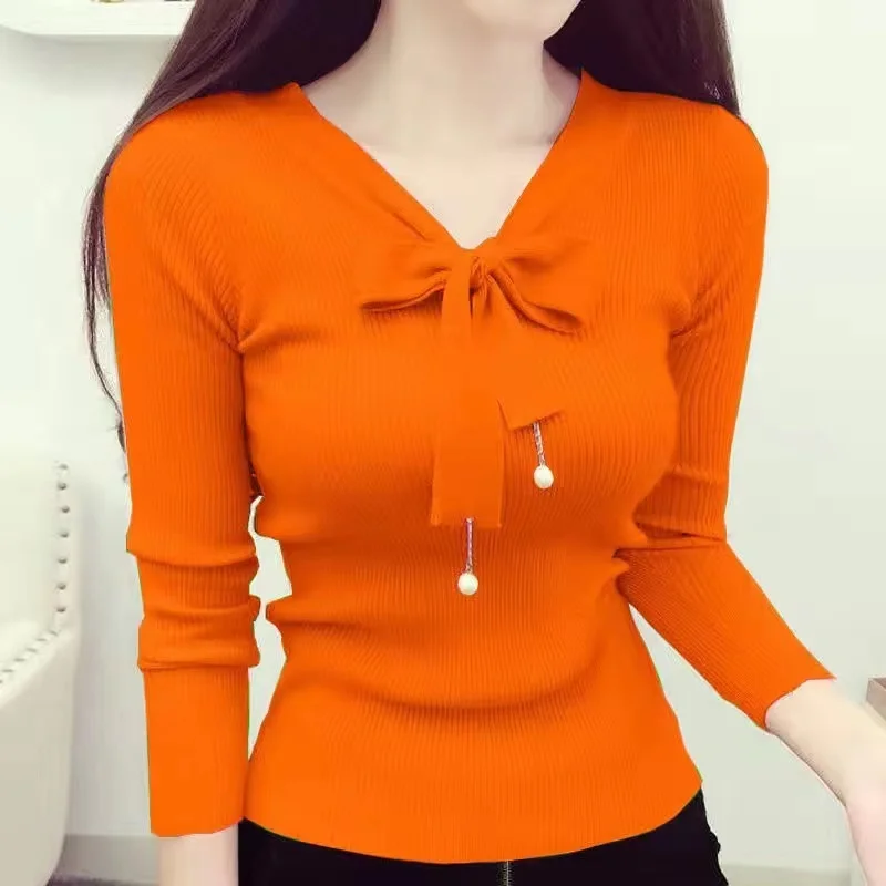

2023 Autumn And Winter Sweater Women New Slim Size Bottoming Shirt Students Korean Long Sleeve Bow Coat Joker