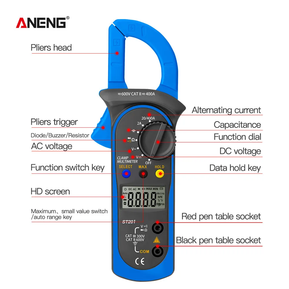 

ANENG ST201 Digital Professional Multimeter Clamp Ammeter Transistor Capacitor Tester Power Test Automotive Voltage Tester