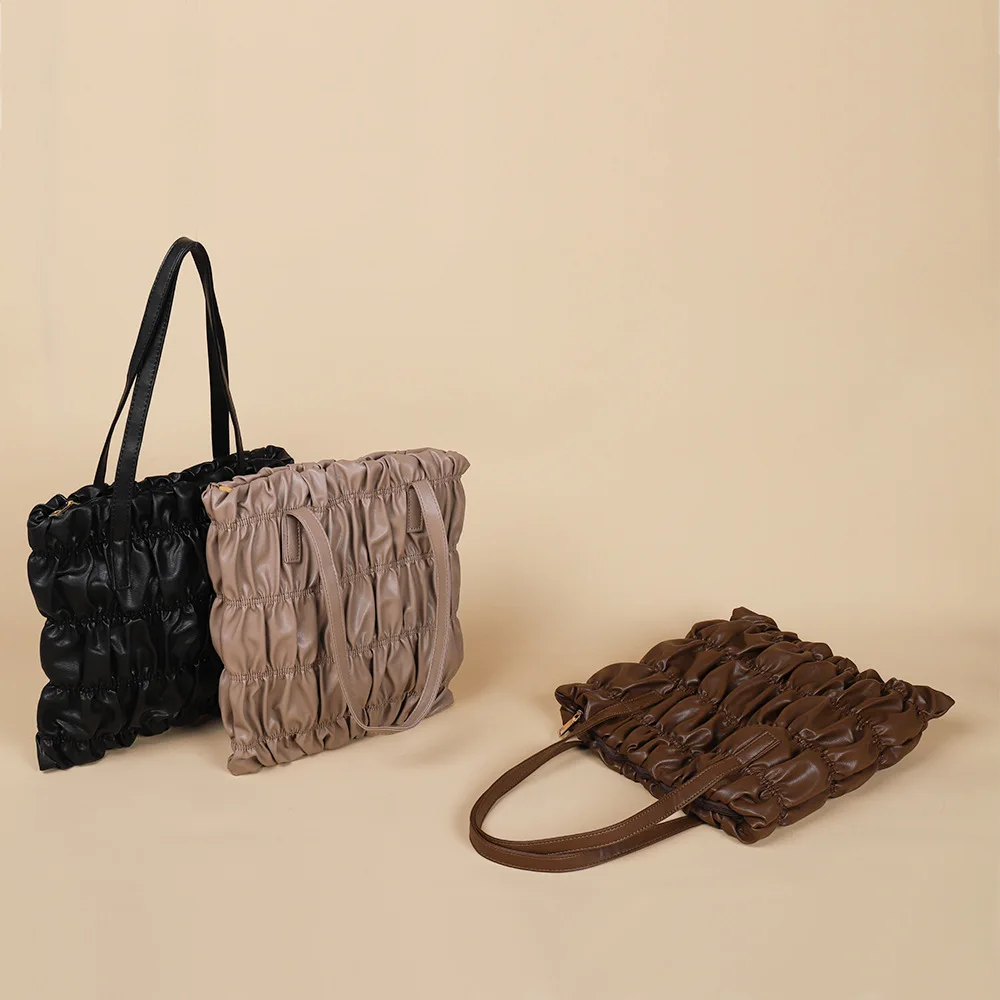 

2022 Vintage Inflatable Storage PU Shoulder Bag Large Capacity Pleated Handbag Women PU Leather Draped Flap Travel Bag Girl