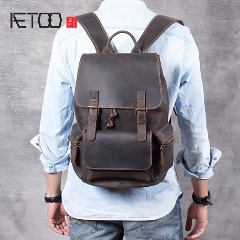 

AETOO Retro Crazy Horse Leather Backpack, Men's Classic First Layer Leather Travel Backpack, Leather Backpack