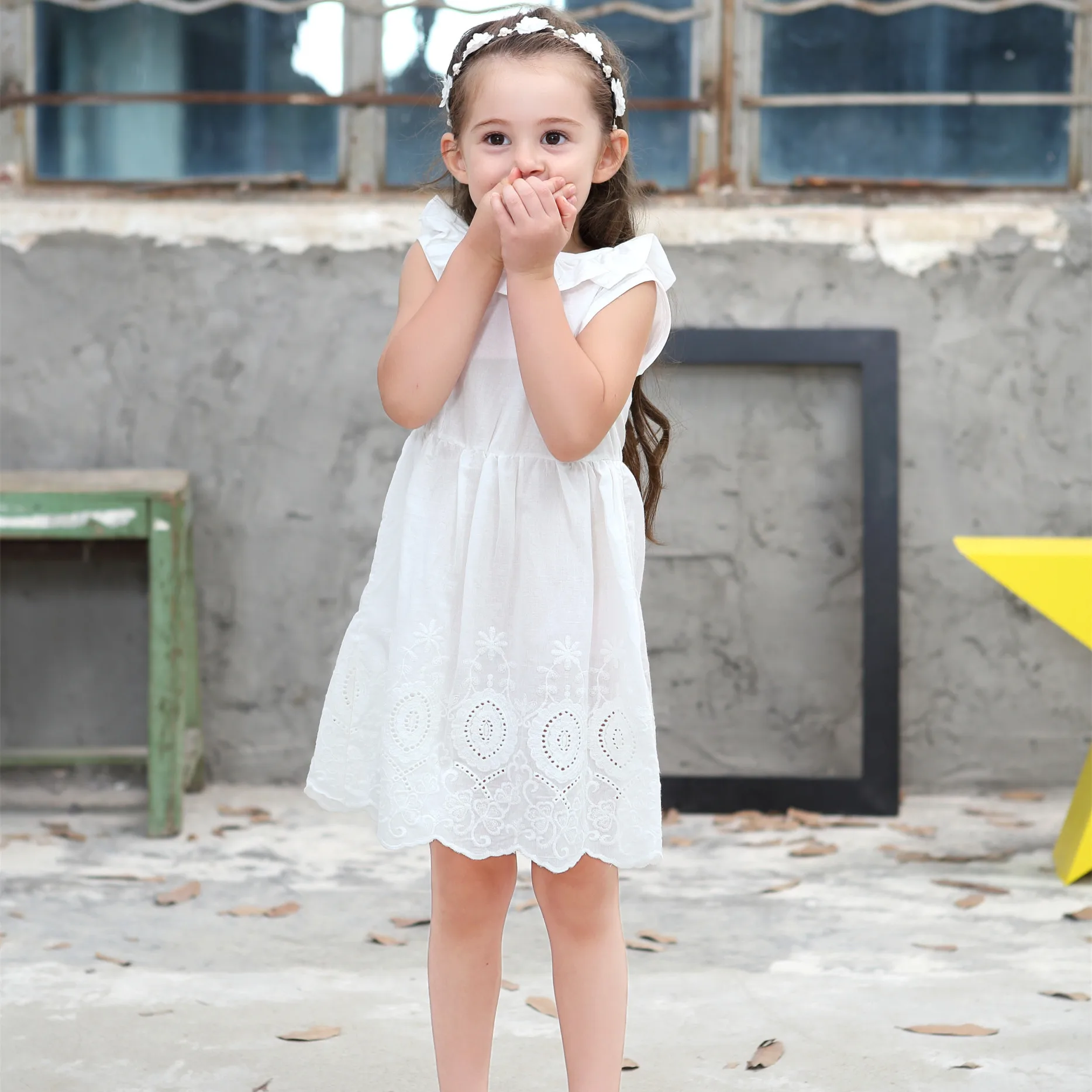girls V back dress pure cotton hollow lace bow tie white princess | Детская одежда и обувь