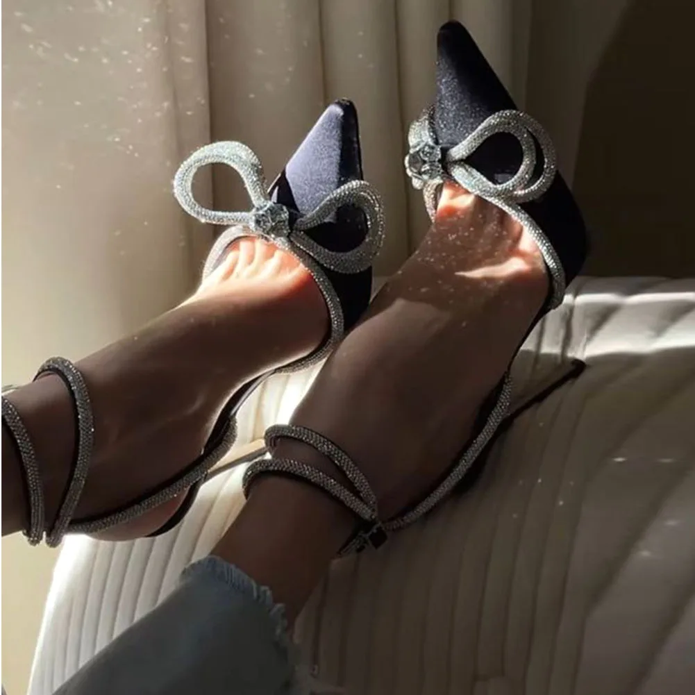2023 Dropship In Stock Summer Women's Black Double Bow Heels Crystal-Embellished Satin Pumps Shoes Sandal Brand Designer