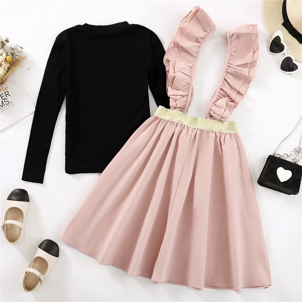 

Комплект детской одежды для девочек 7-12 лет, черный топ с длинными рукавами + юбка на бретельках, 2 шт., костюм для милых детей, модная осенняя одежда для девочек