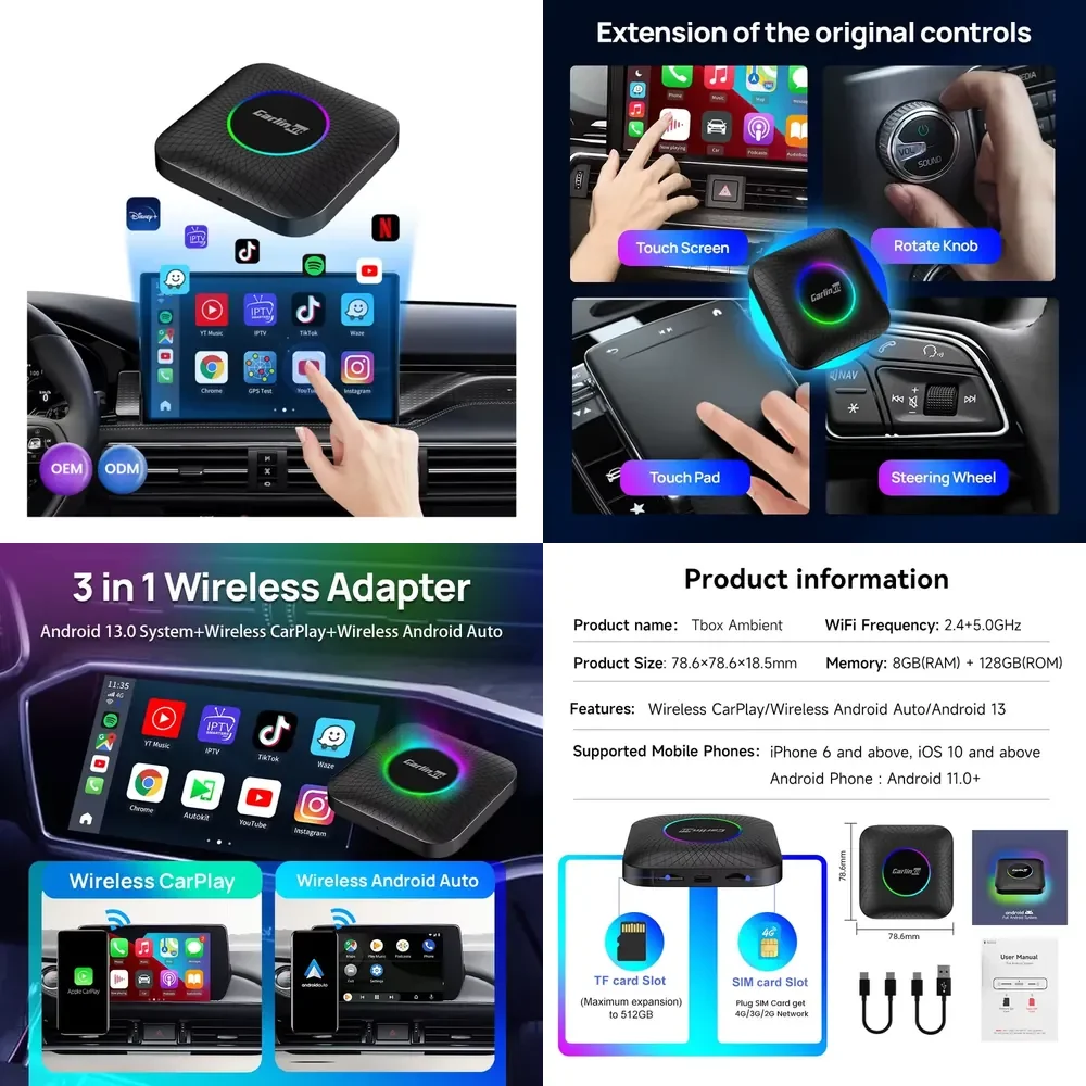 Фото Мультимедийный автомобильный AI-бокс Carlinkit CarPlay на Android 13 Tbox Ambient SMm6225 с беспроводным CarPlay, 8/128 ГБ, Netflix, YouTube, Auto №1