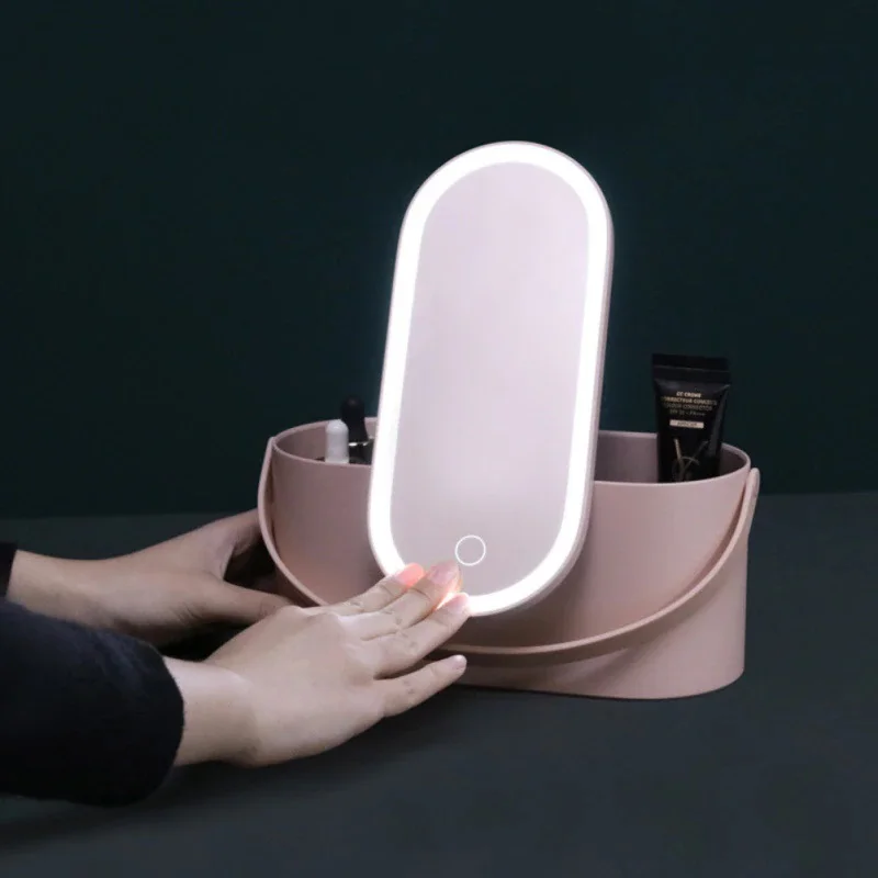 Dropshipping  Makeup Organizer Box with LED Light Mirror Portable Travel Makeup Cosmetics Organizer Touch Light Storage Makeup