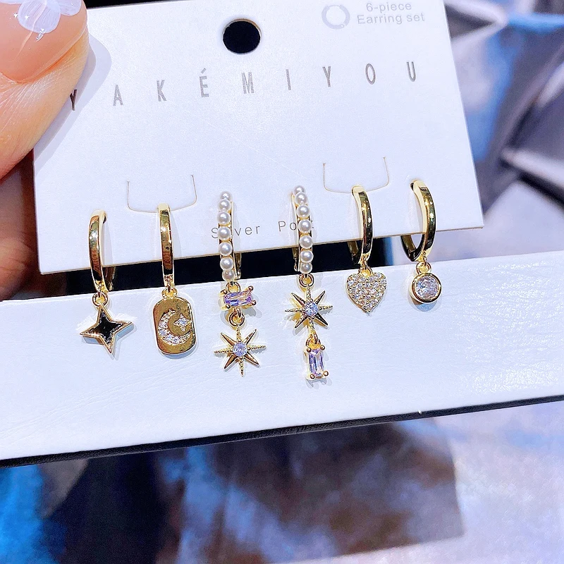 

MIGGA 3 Pairs Cubic Zircon Heart Moon Star Dangle Earrings Set Gold Color Copper Women Huggies Jewelry