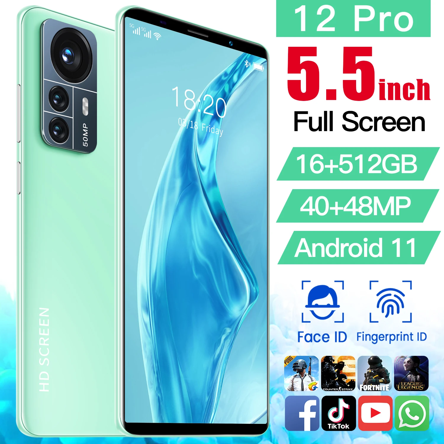 

2022 New 12 Pro 5.5 Inch 256GB/512GB Face Fingerprint Unlock Andirod 11 Smartphone MTK6889 Deca Core 40+48MP 5800mAh Cell Phone