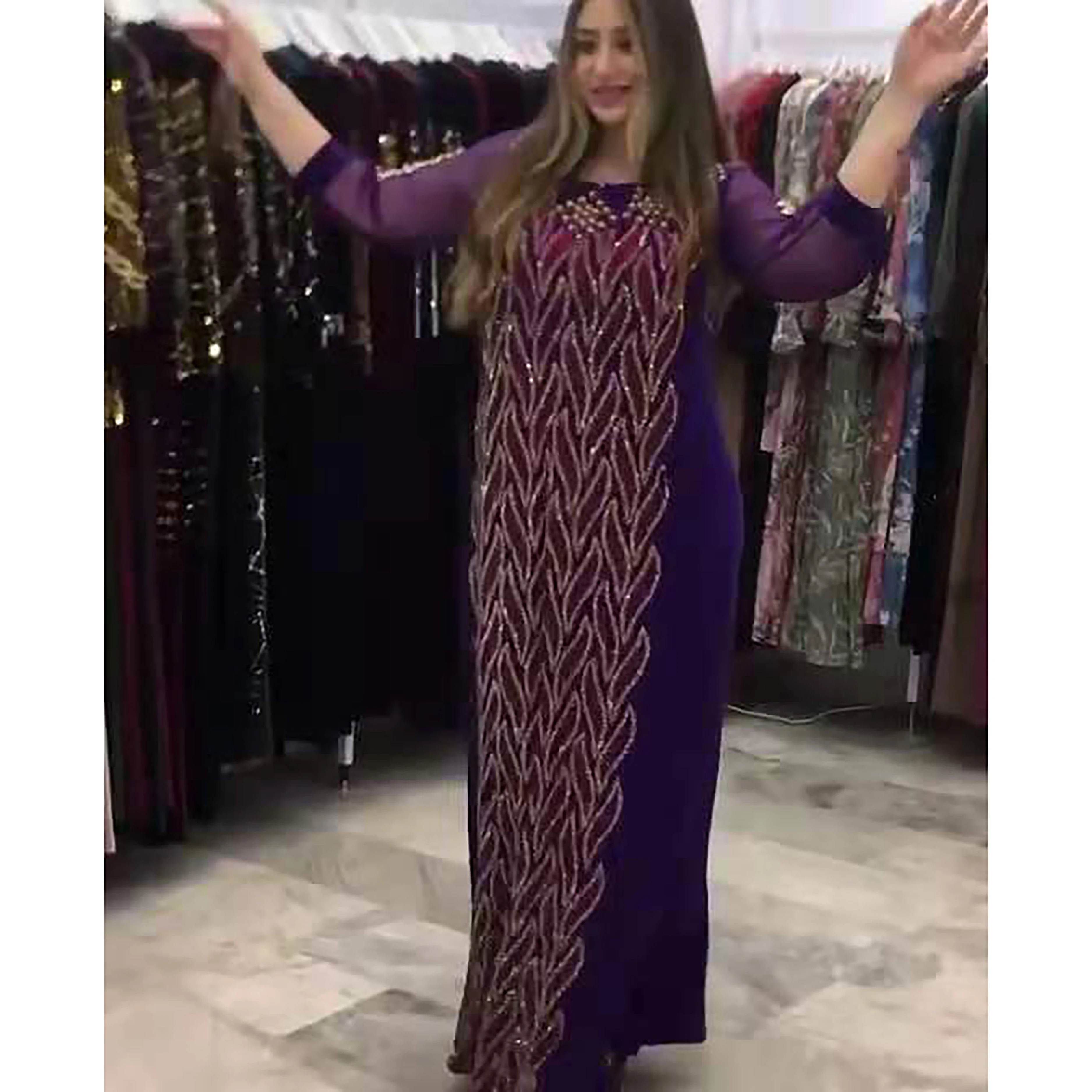 мусульманские платья Лидер продаж, фиолетовое длинное платье с бриллиантами, одежда в арабском стиле для мусульманских женщин, шифоновая о...