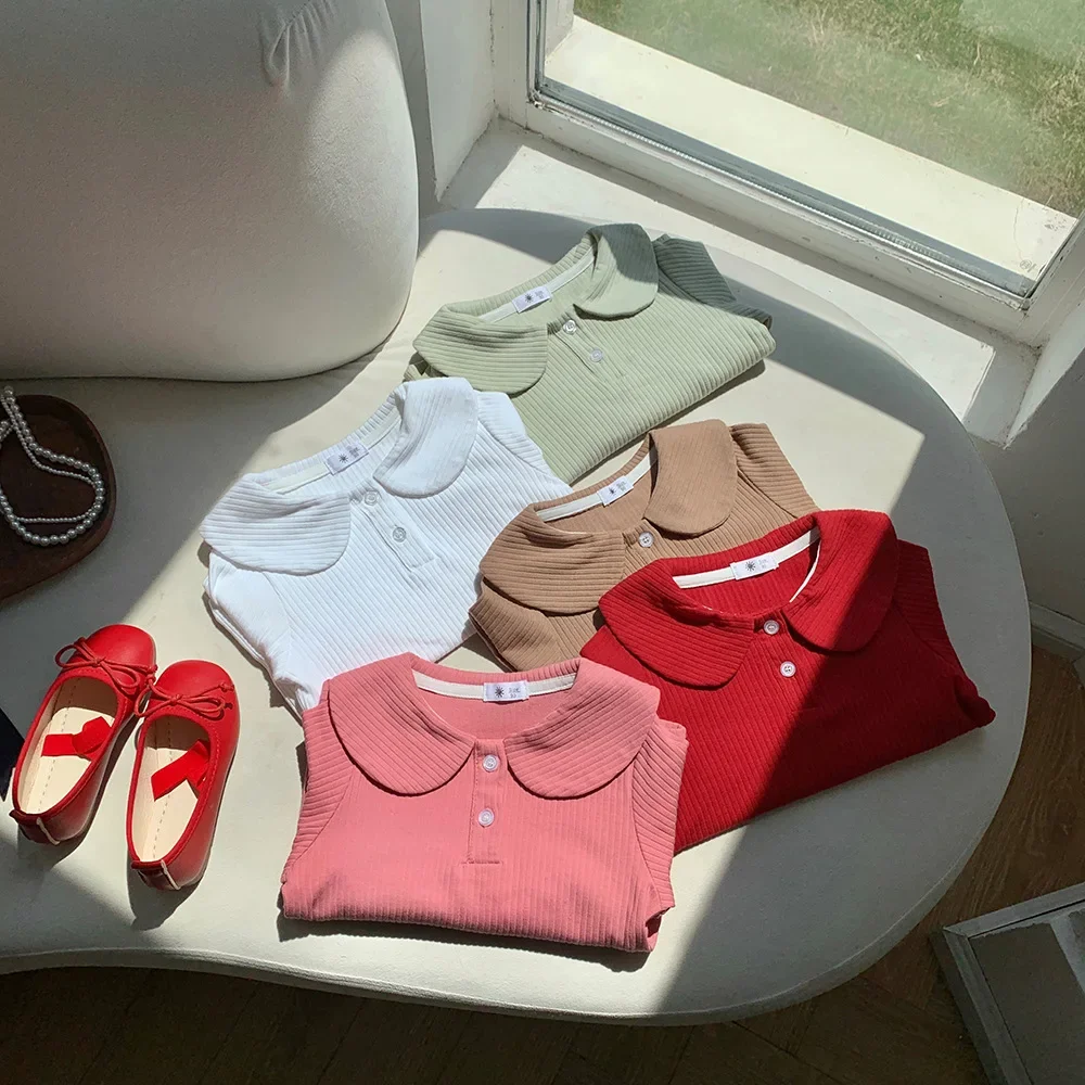 

Детская однотонная Базовая рубашка с кукольным воротником Новинка Осень-зима вязаный свитер в Корейском стиле для девочек топ с полосками