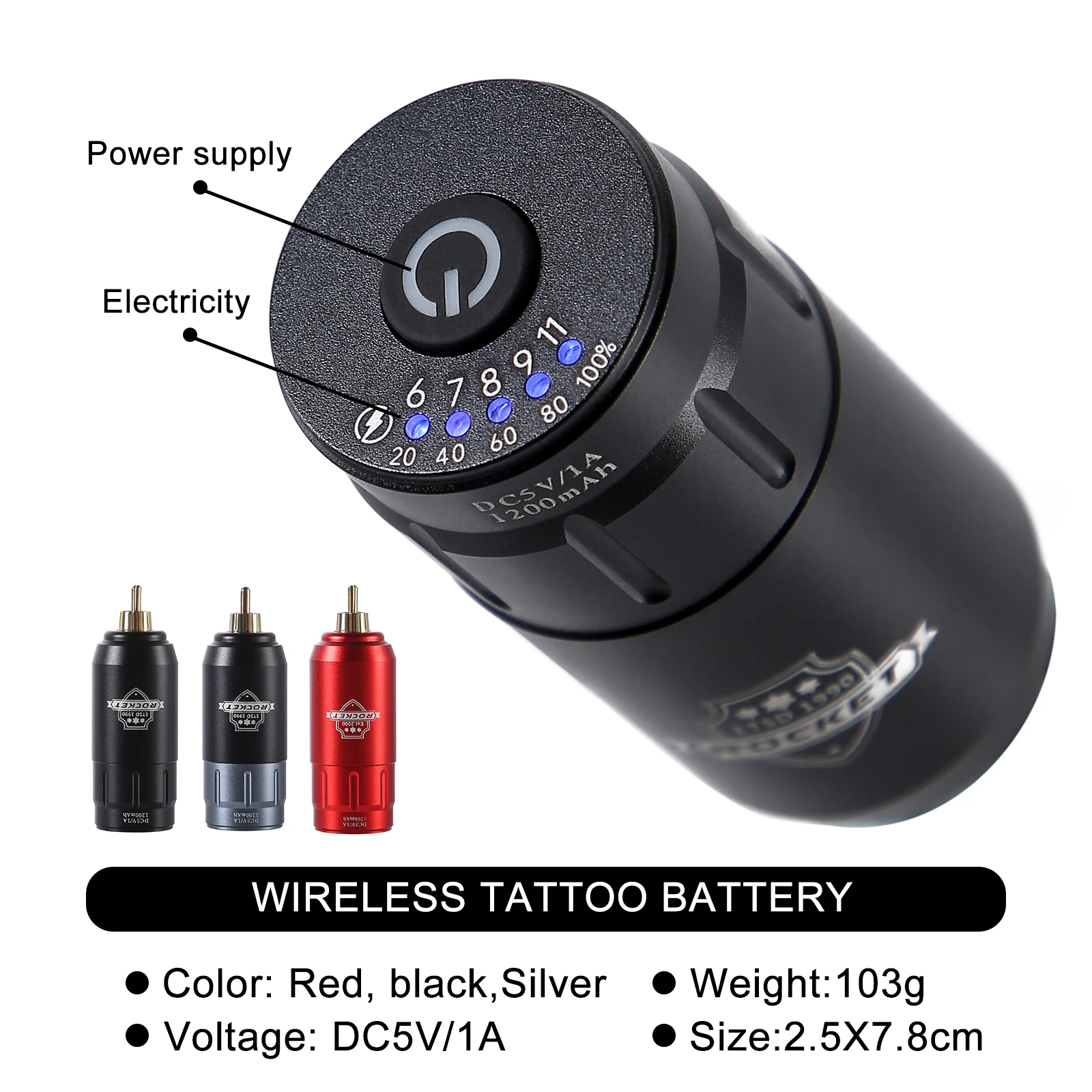 

1200mAh Rocket Tattoo Pen Portable Battery RCA Connector Wirseless Power Rechargeable Supply For Tattoo Rotary Machine Pen Typ